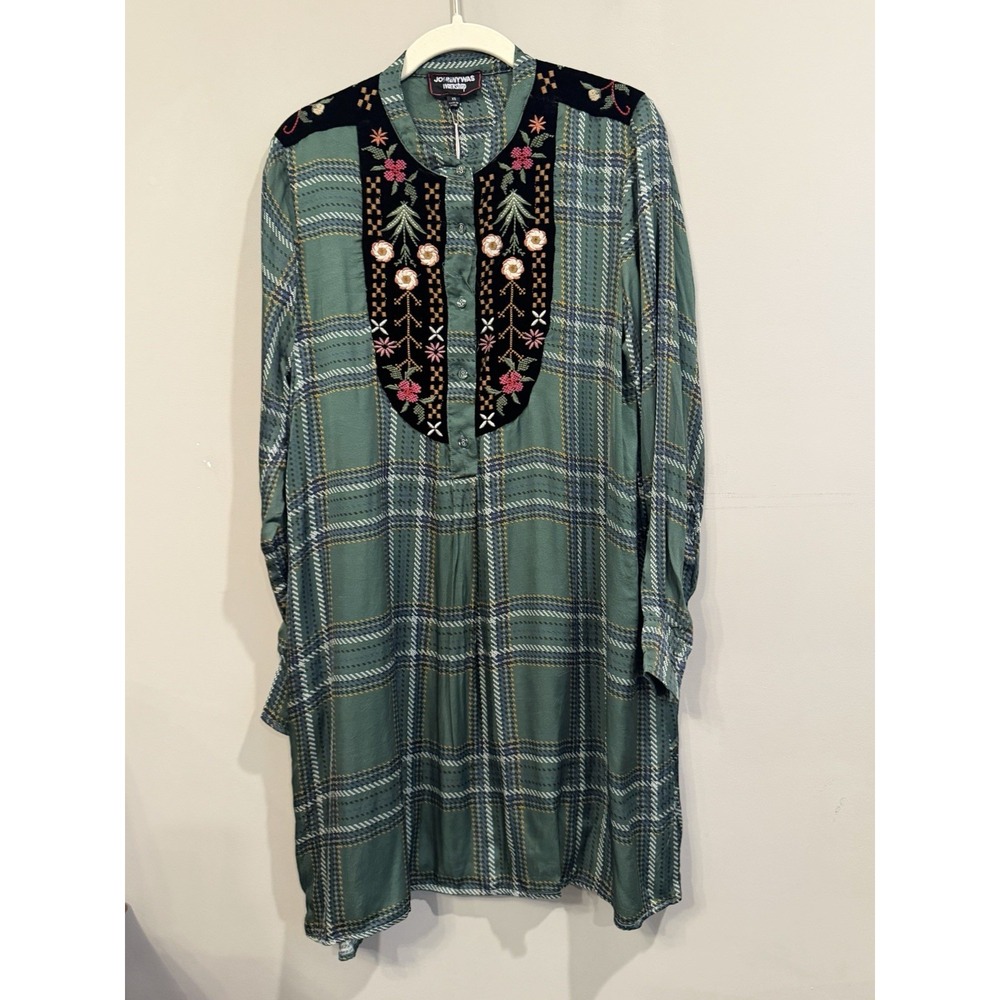 JOHNNY WAS Viviana Tuxedo Yoke Shirt Tunic Shift Dress Sz XS Embroidered Plaid - Picture 2 of 4